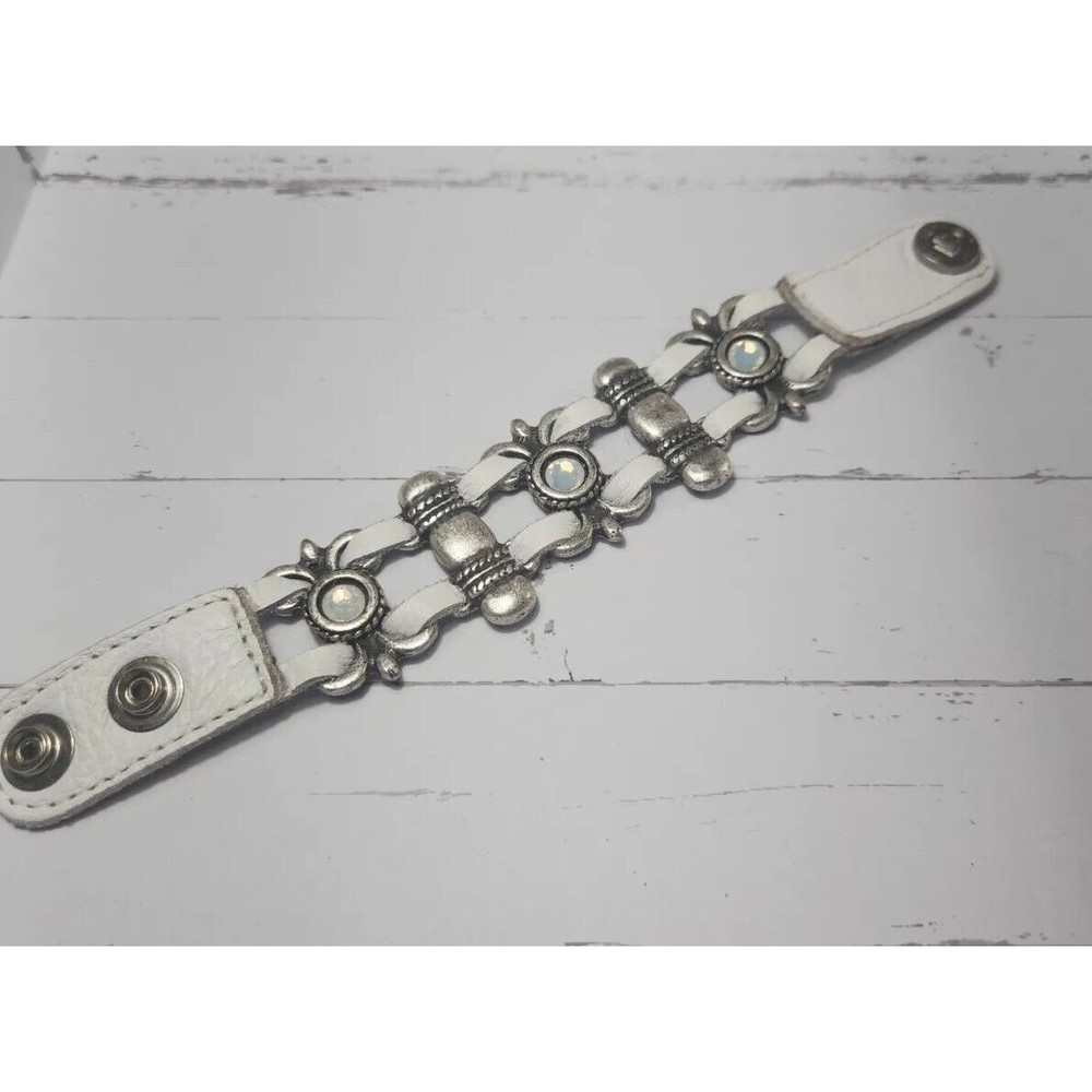 Leatherock White Multi Strand Leather Snap Bracelet Rhinestone Cuff 7.5"L x 1" W